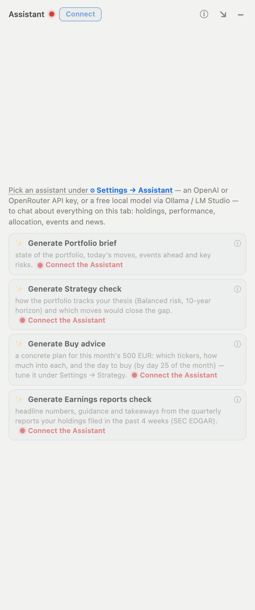 The assistant pane with its opening message and the one-click report suggestion cards