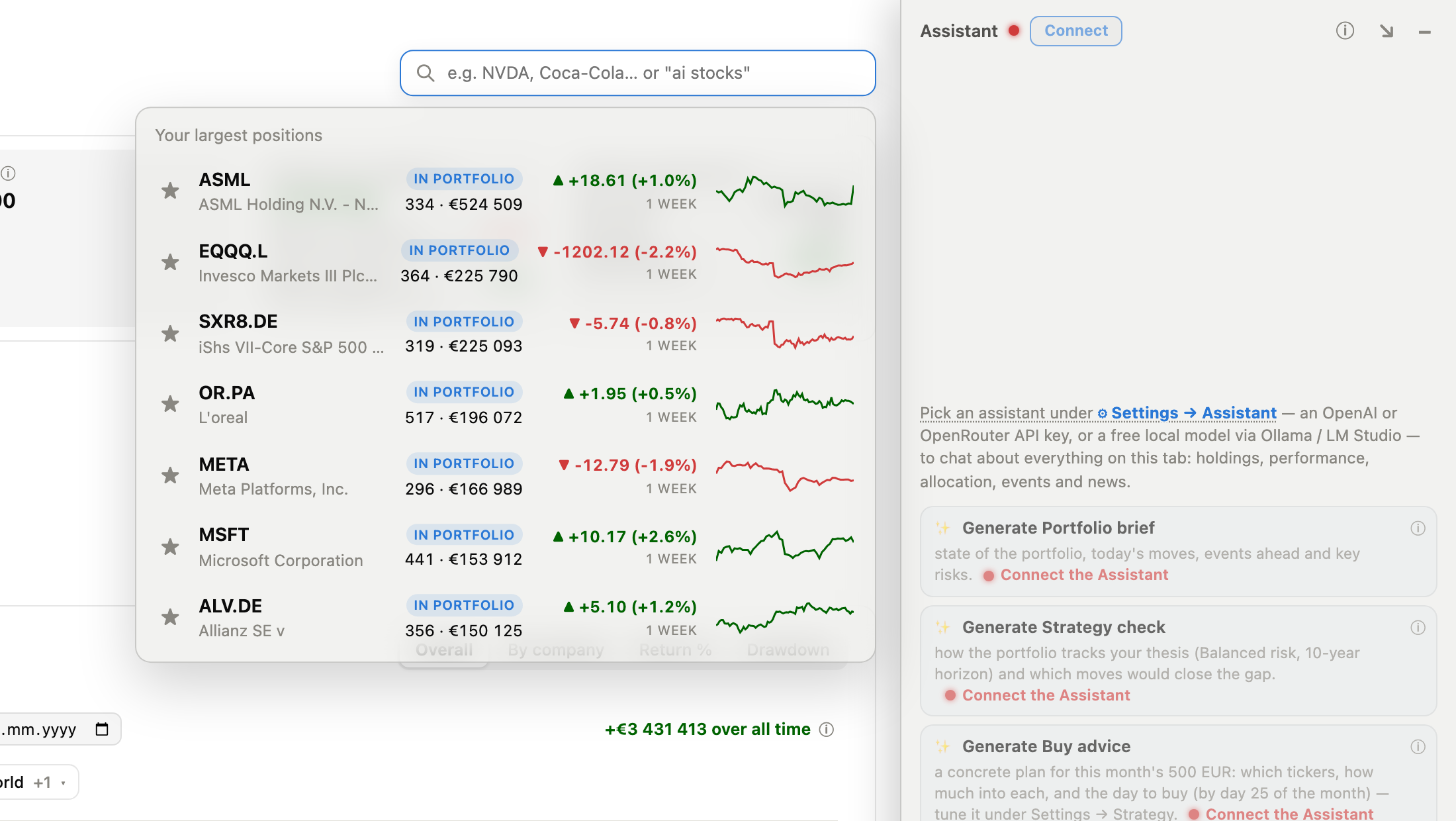 The topbar asset finder expanded, showing results with watchlist stars, in-portfolio badges and one-week sparklines