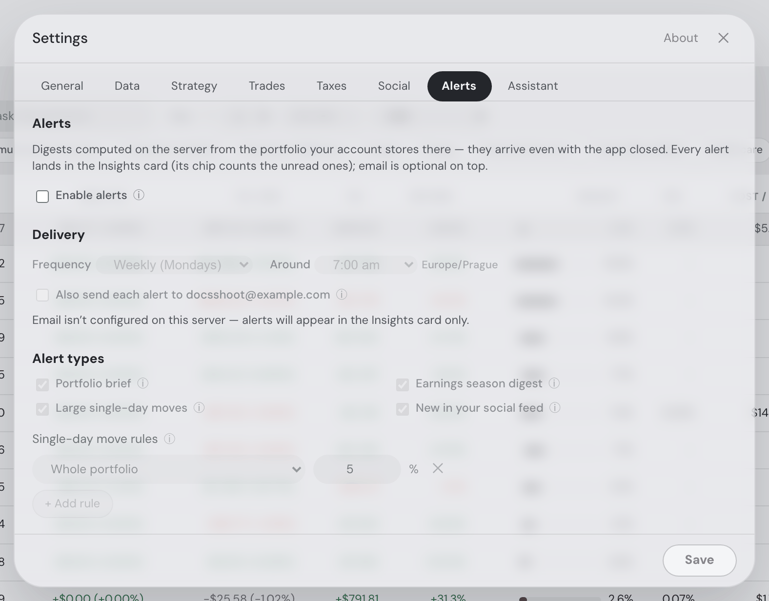 Settings → Alerts: the Enable alerts checkbox, the Delivery frequency and hour with the detected timezone, the email option, the seven alert-type checkboxes, the single-day move rules list, the drawdown rules list, the fair-value rules list and the events digest settings