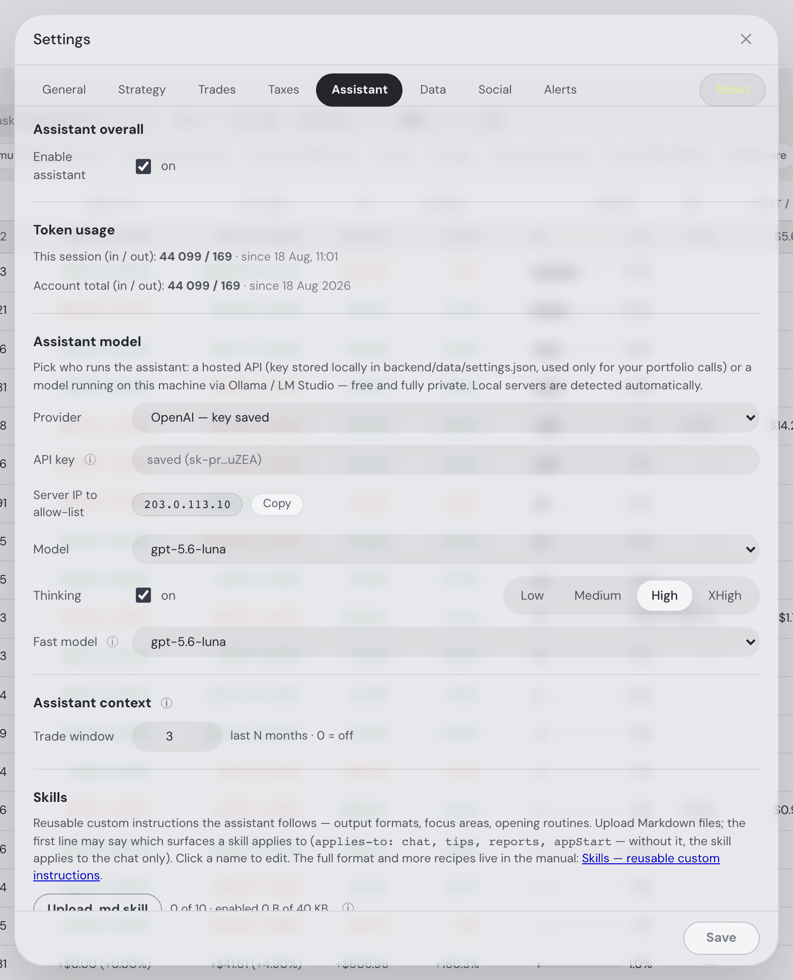 Settings → Assistant: the enable switch, the session token counter, provider and API-key fields with the server IP to allow-list, the model and fast-model pickers, the Low/Medium/High/XHigh thinking selector, the trade-window context box and the Skills uploader
