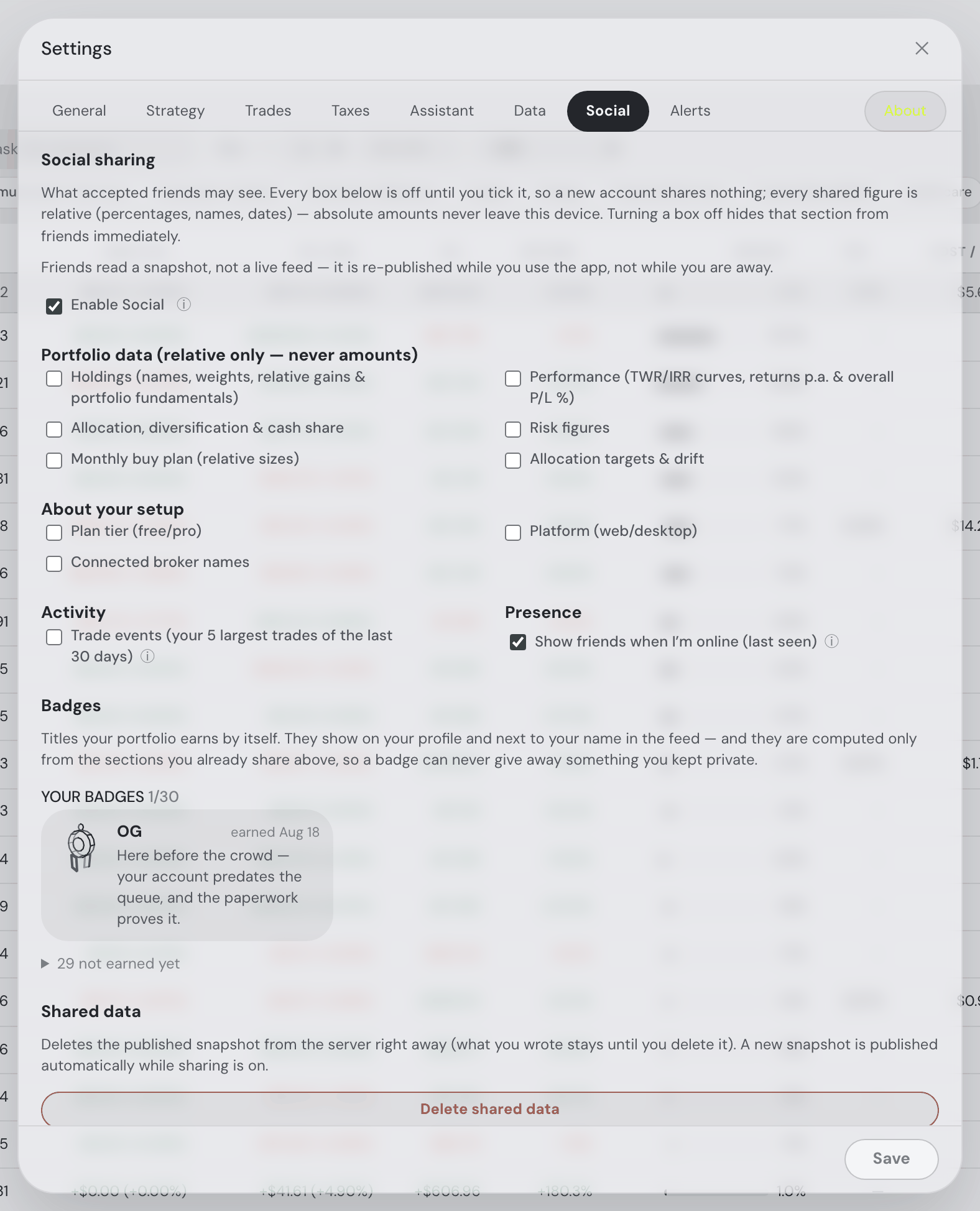 Settings → Social: the Enable Social switch, the six portfolio-data share checkboxes, the setup and activity checkboxes, the presence toggle, the badge trophy case and the Delete shared data button