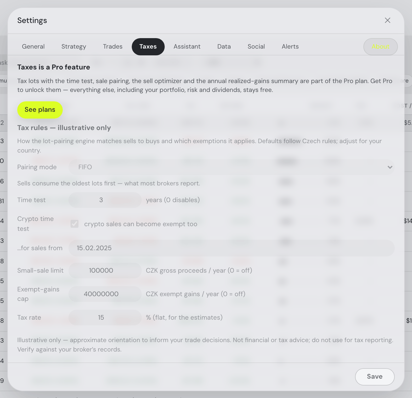 Settings → Taxes: the Pro notice with its See plans button above the greyed-out tax rules — pairing mode, time test, crypto time test and its start date, small-sale limit, exempt-gains cap and flat tax rate