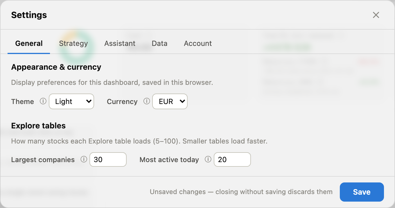 The Settings dialog with its tabs and the shared Save button in the footer