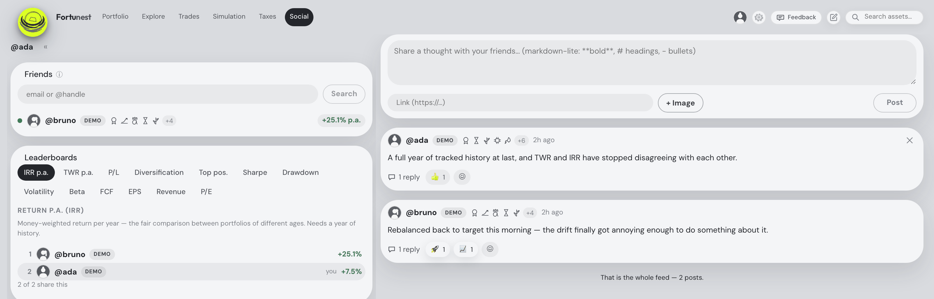 The Social tab: down the left your @handle, the Friends card with one friend's row — online dot, handle, badge marks and their total P/L percentage — and the Leaderboards card with its two rows of metric pills; on the right the post composer and two posts, each with one row under it carrying the reply count first and the reaction chips after it
