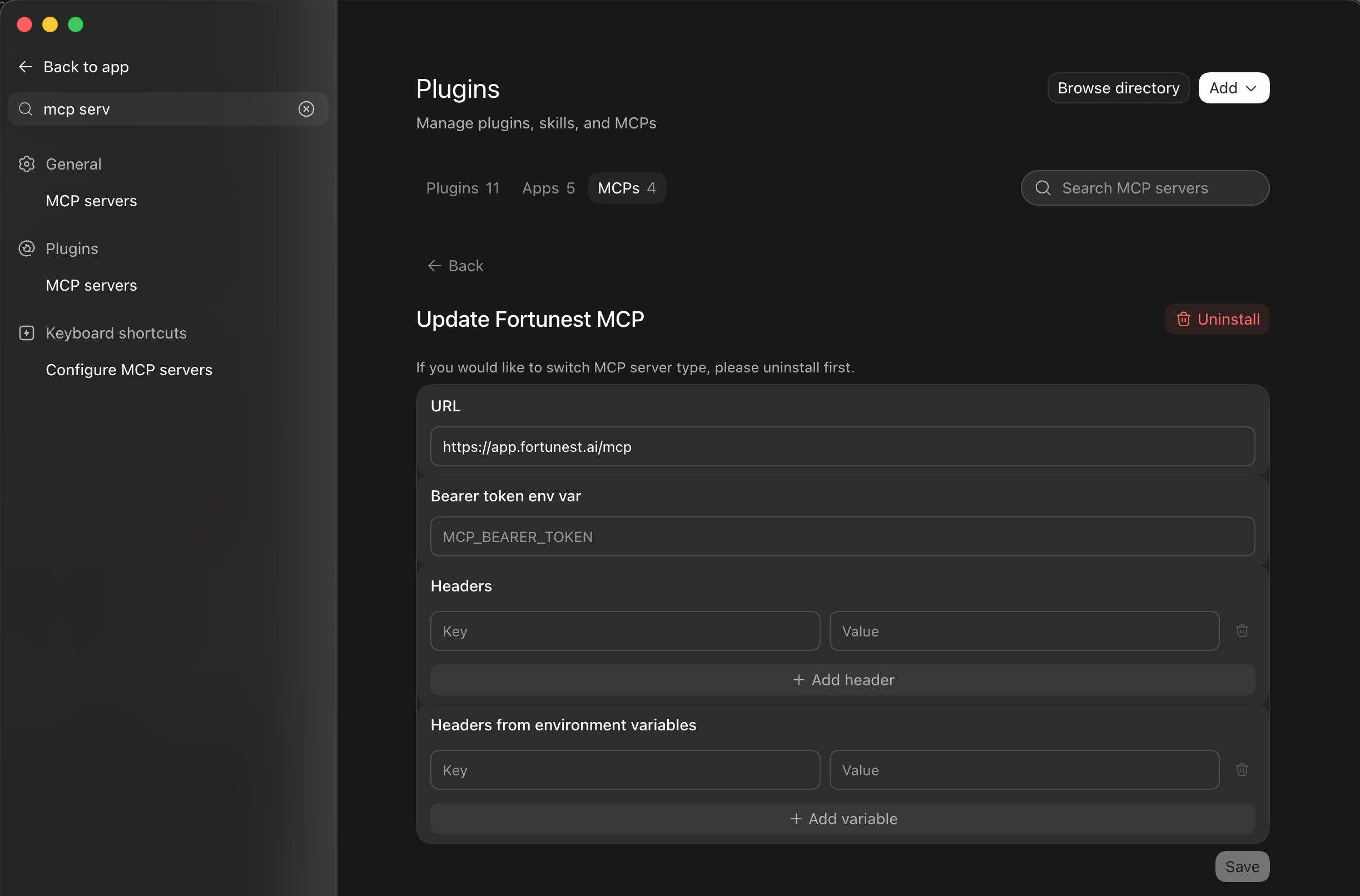 Correct Codex Fortunest MCP settings: URL https://app.fortunest.ai/mcp, with Bearer token env var, Headers, and Headers from environment variables left empty