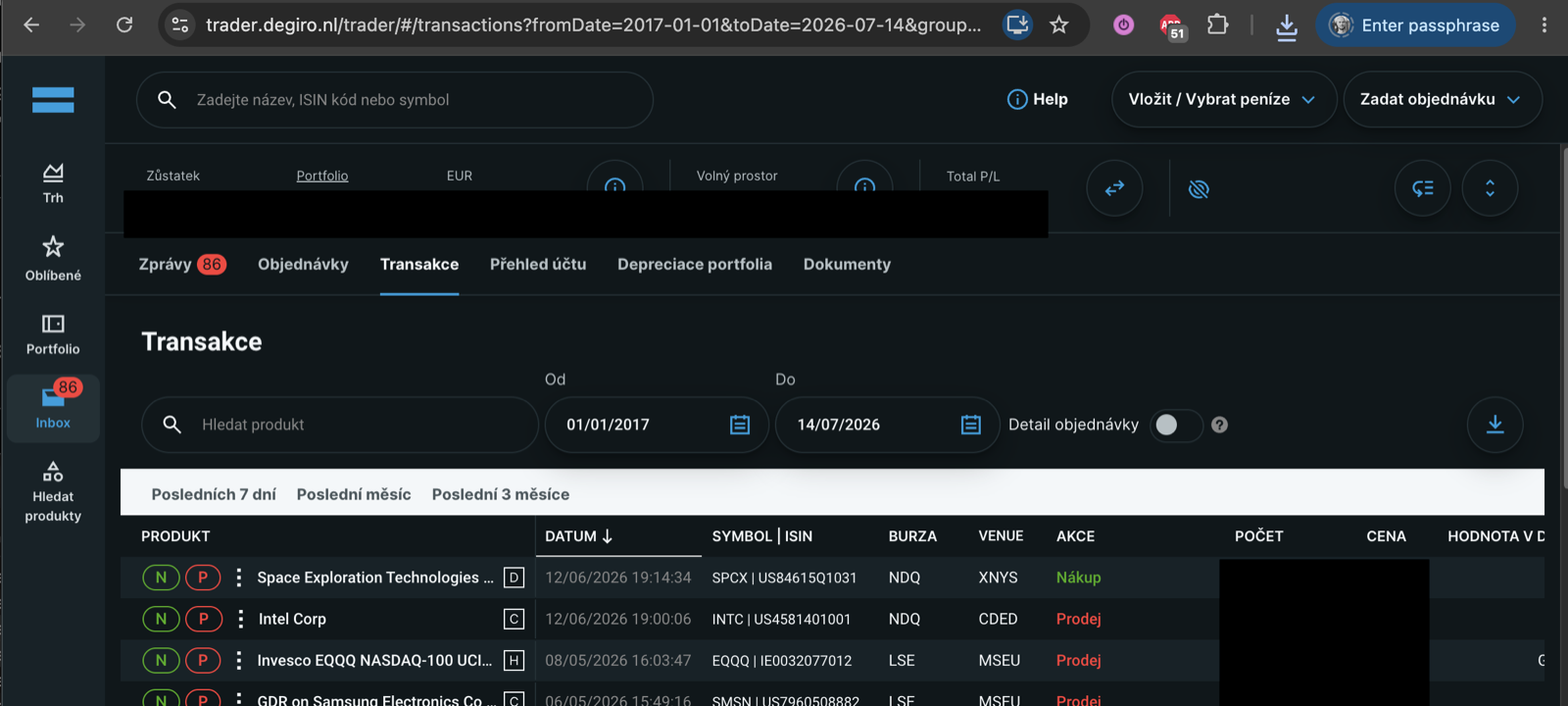 Degiro: Inbox → Transactions, full date range, download icon