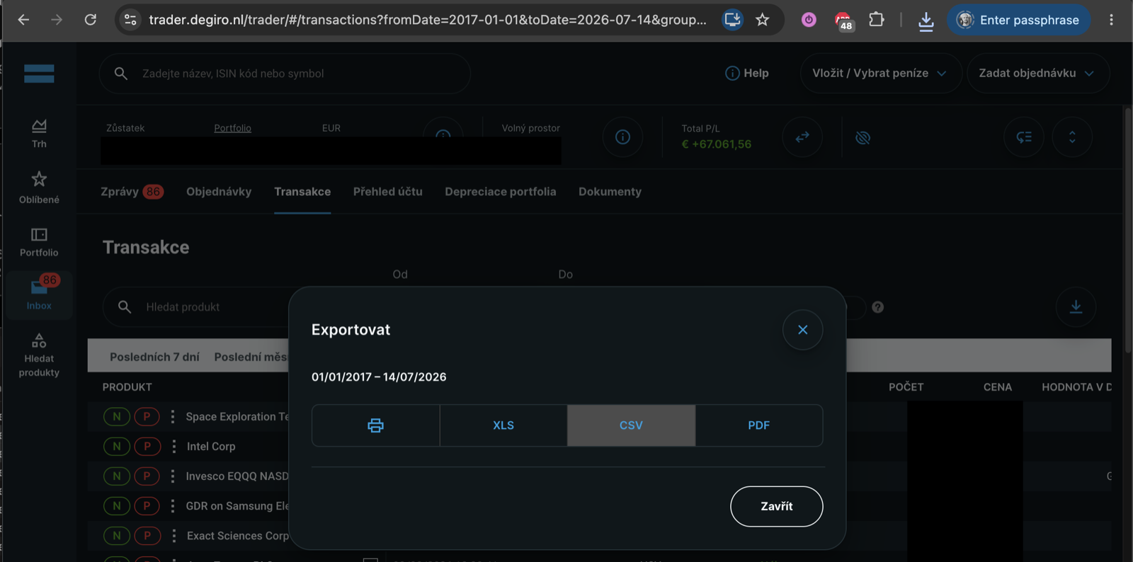 Degiro: Export dialog → CSV