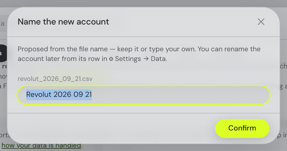 Account naming — one Confirm action