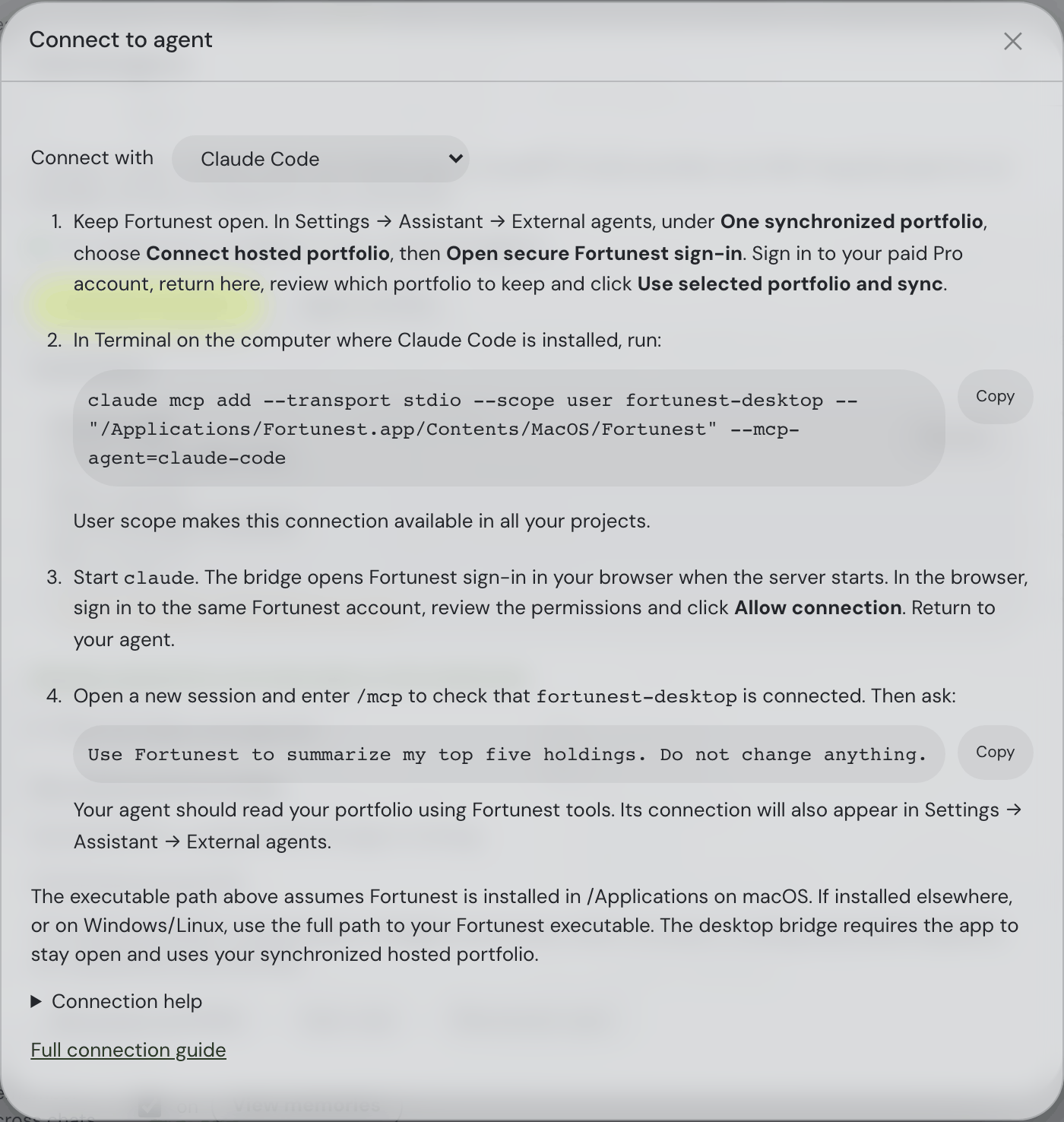 Connect an external agent — desktop setup example