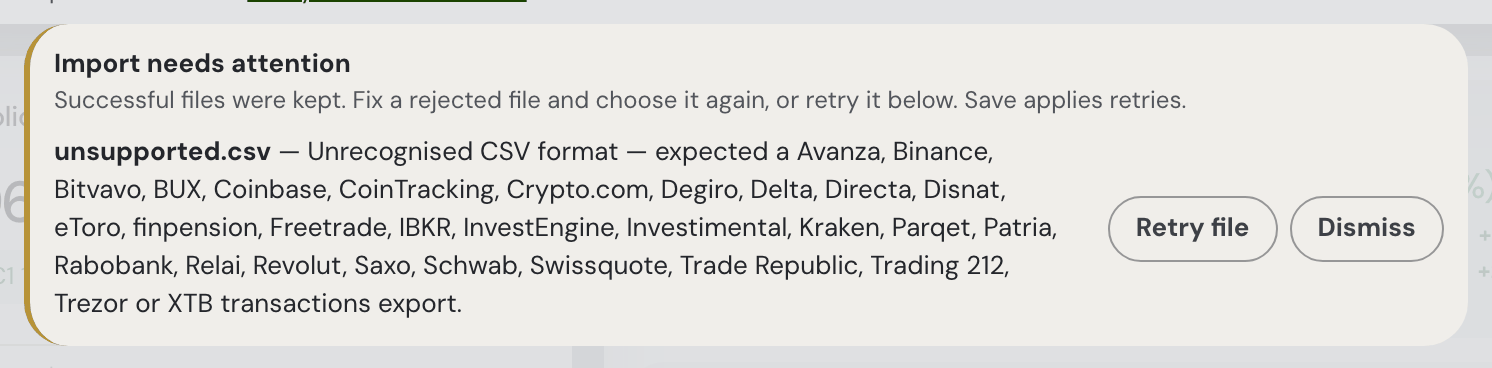 Failed import — reason, Retry and Dismiss