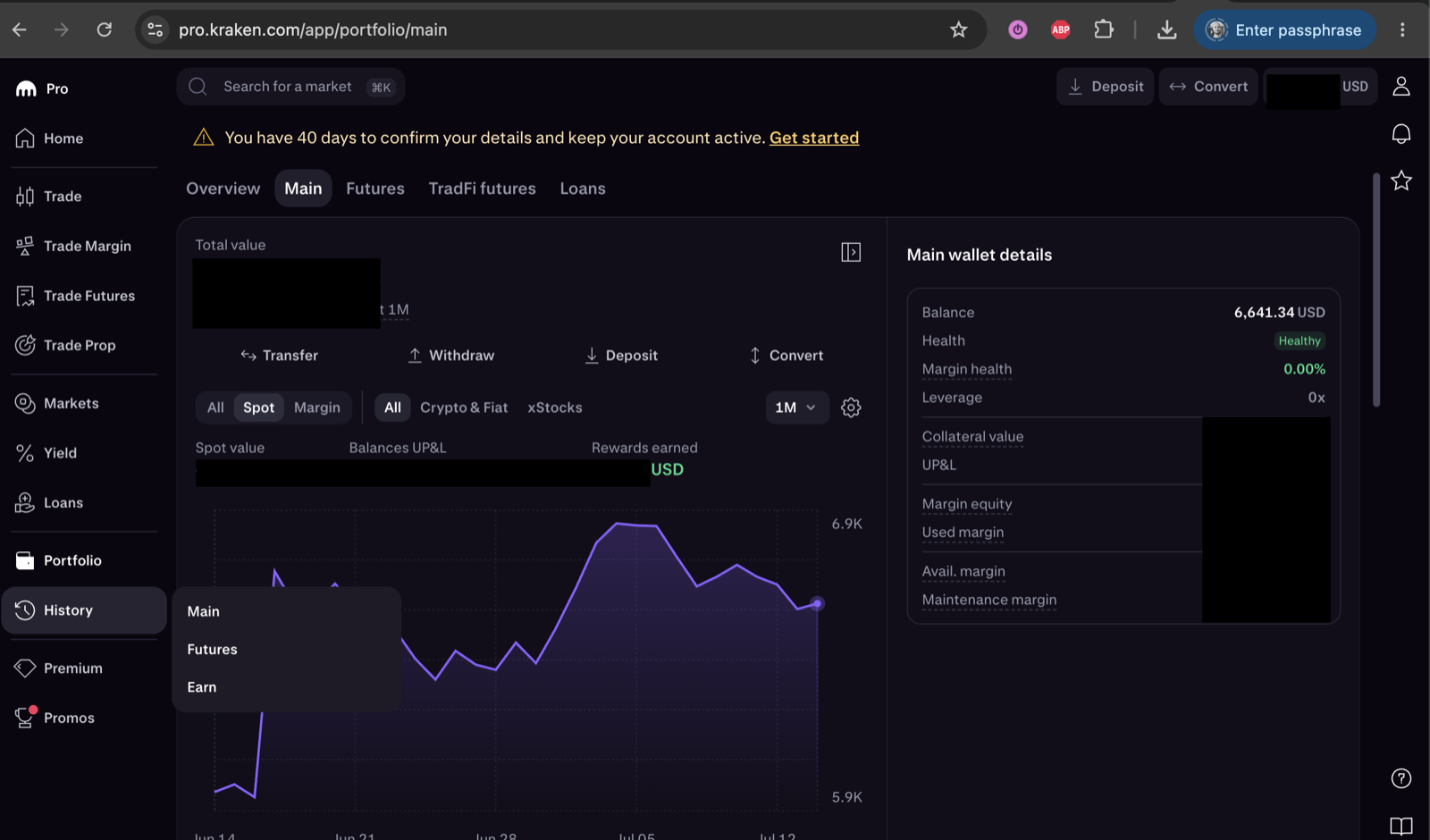 Kraken: History → Main → Export → Spot ledger statement