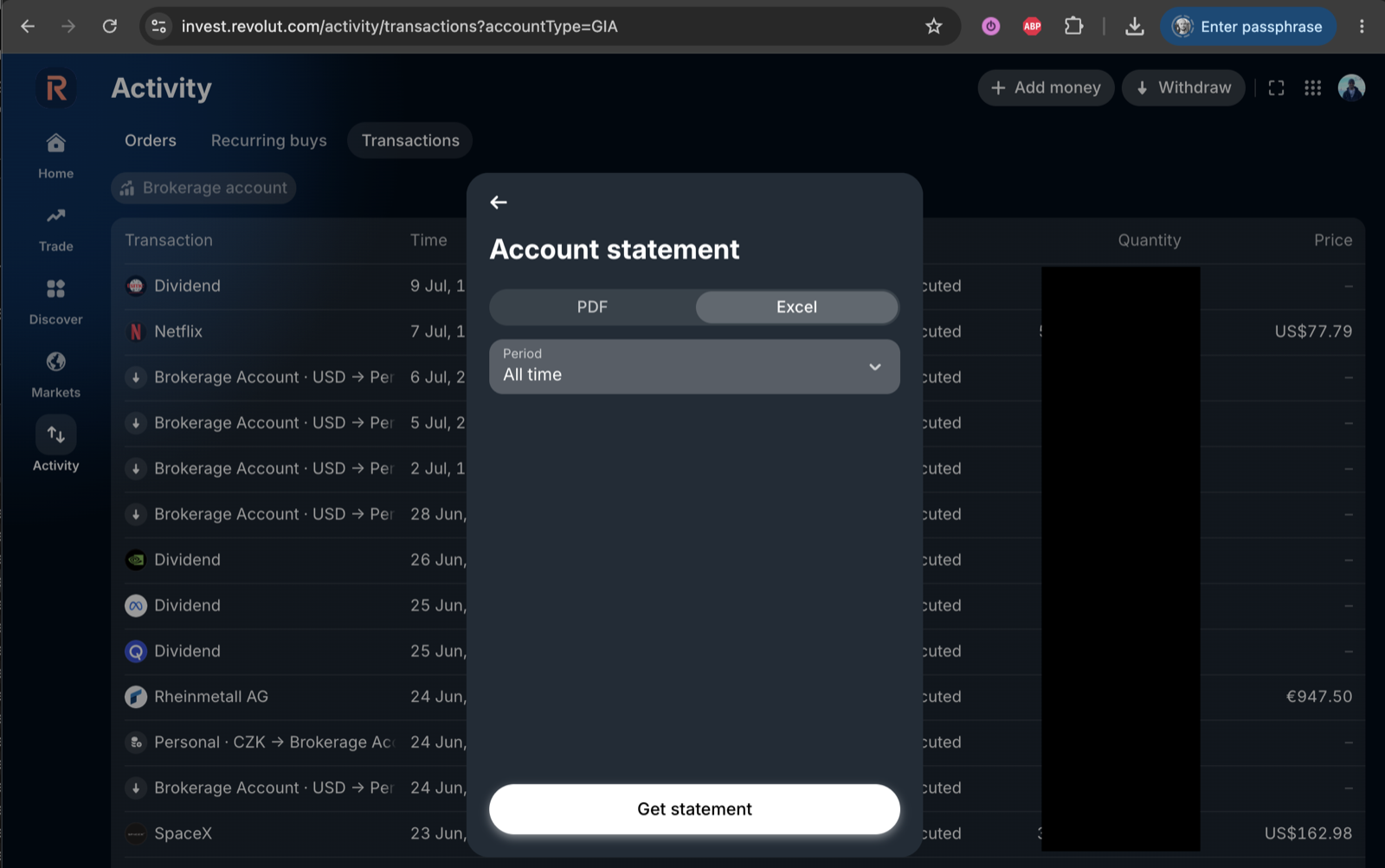 Revolut: Excel format, All time period, Get statement