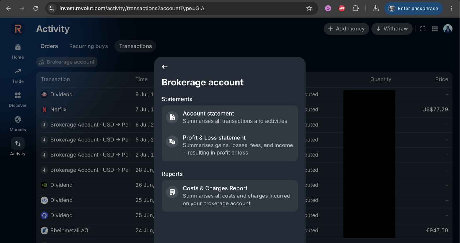 Revolut: Documents → Brokerage account → Account statement