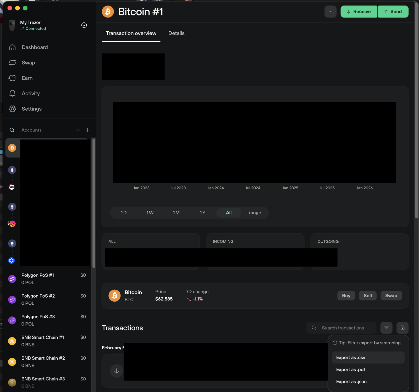 Trezor Suite: account → Transactions → export icon → Export as .csv