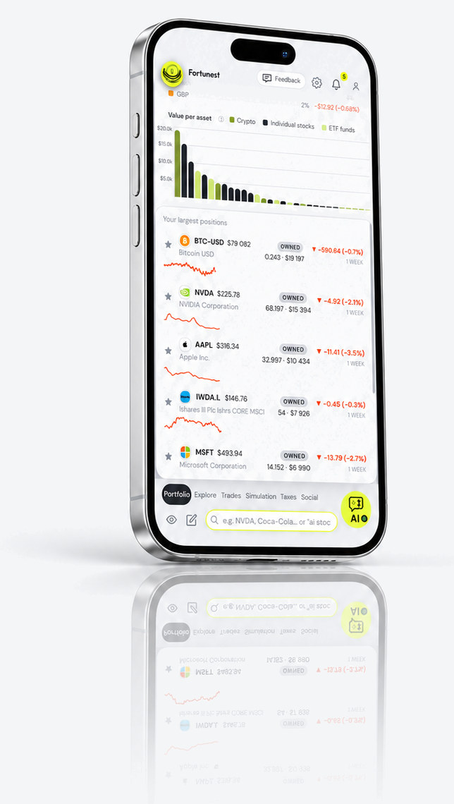 Fortunest on an iPhone: the Portfolio tab with the value-per-asset chart and the largest positions, each with its owned quantity, value and one-week move.