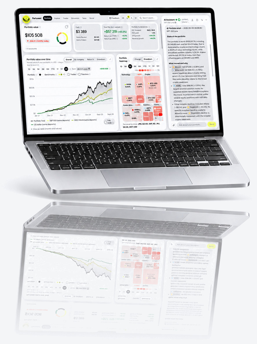 Fortunest on a MacBook: portfolio value, cash and total P/L, the value chart against its benchmarks, the sector heatmap and the assistant's portfolio brief beside them.